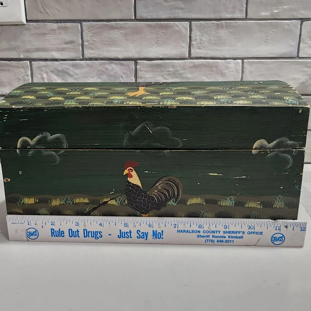 Vintage Hand Painted Folk Art Wooden Box Rooster Farmhouse Primitive Decor
